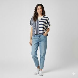 Fantastic Fawn Asymmetrical Stripped Blue Oversized Knit Top Size S